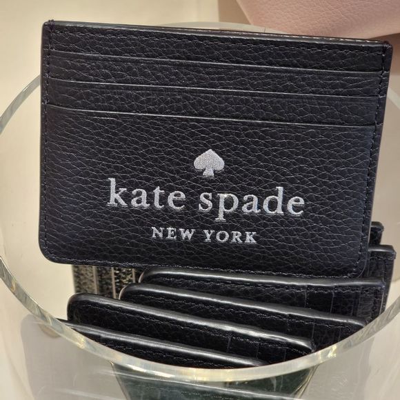 Kate Spade Slim Black Card Holder Glitter Embossed Leather NWT - Picture 3 of 3